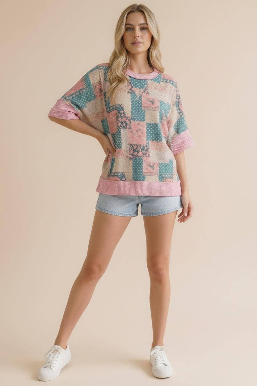 Polka Dot and Floral Patchwork Print Knit Top