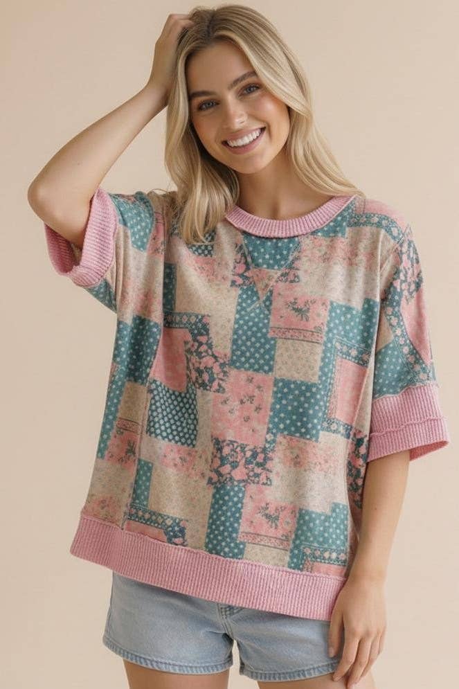 Polka Dot and Floral Patchwork Print Knit Top