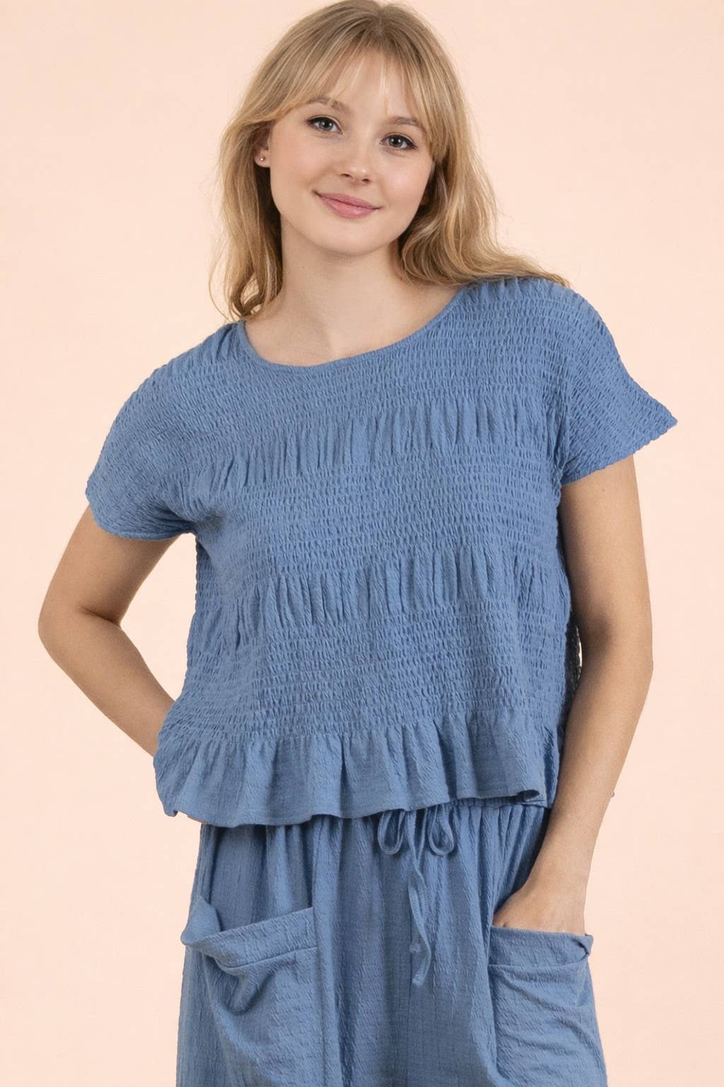 NT12511-Shirring Detail Short Sleeve Knit Top