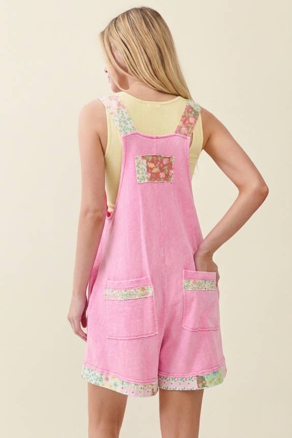Mineral Washed Floral Patched Zipper Romper HR7232