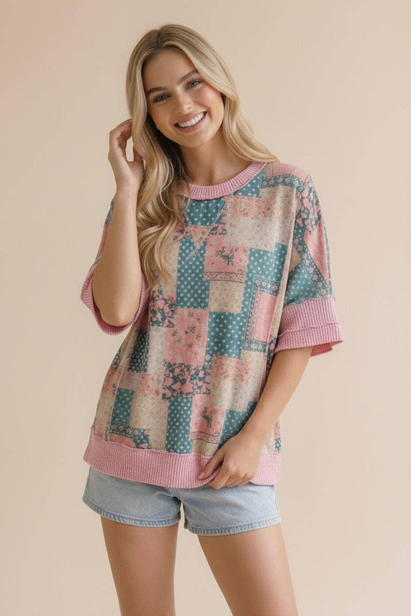 Polka Dot and Floral Patchwork Print Knit Top