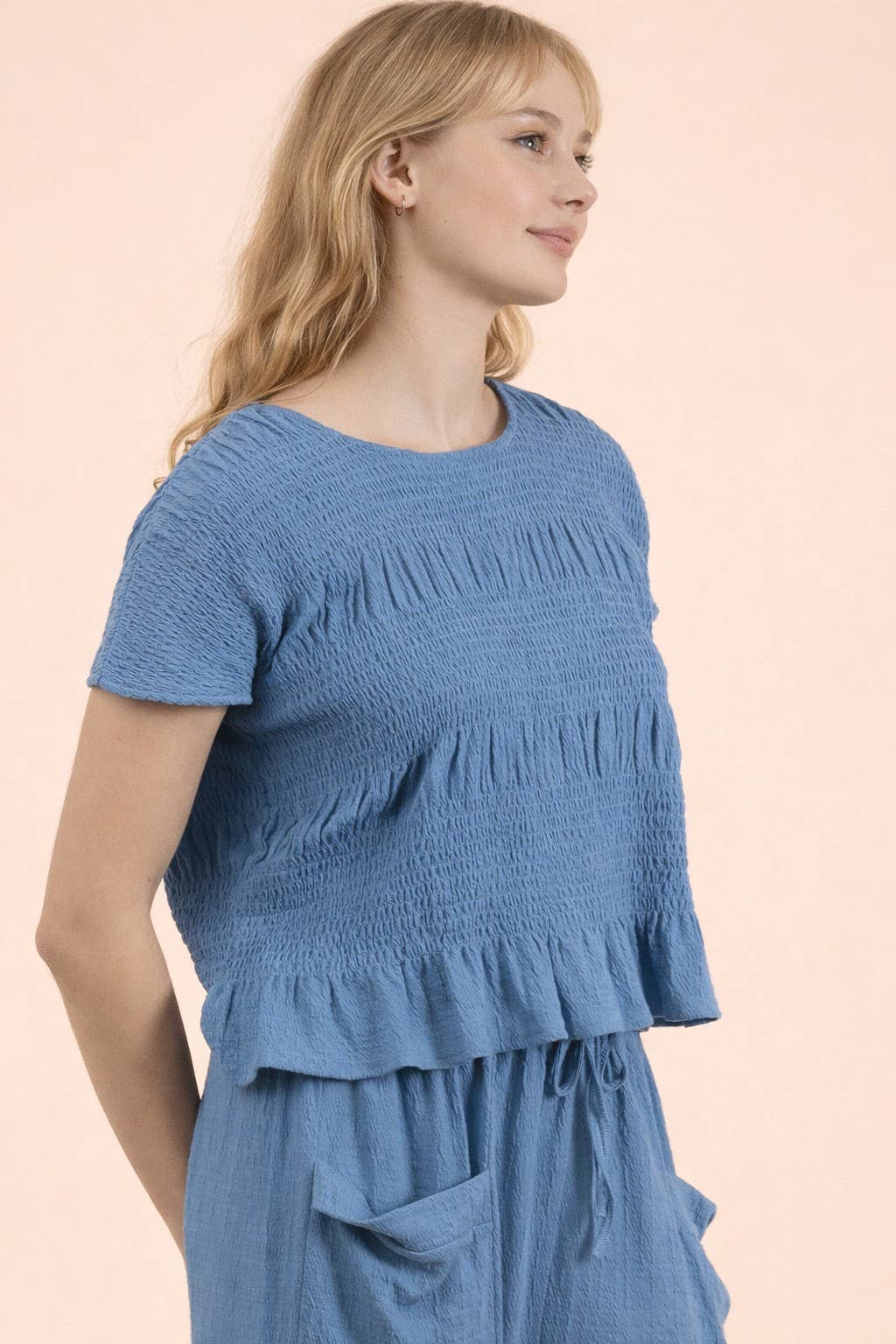 NT12511-Shirring Detail Short Sleeve Knit Top