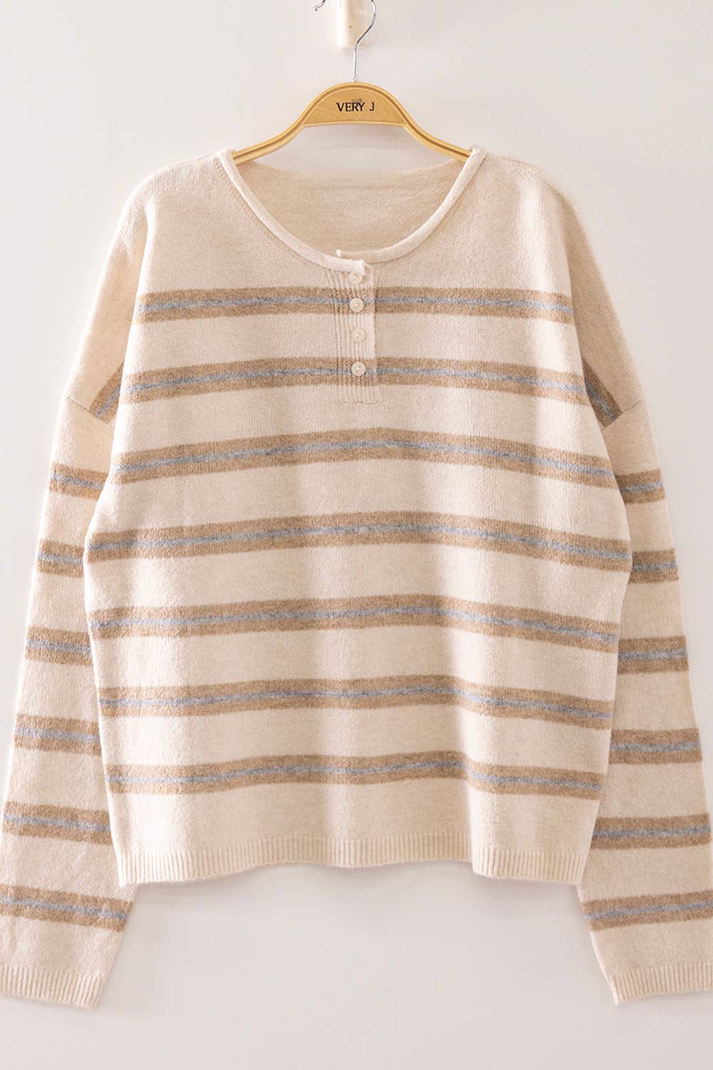 12W3842N-Cozy Stripe Button Knit Sweater